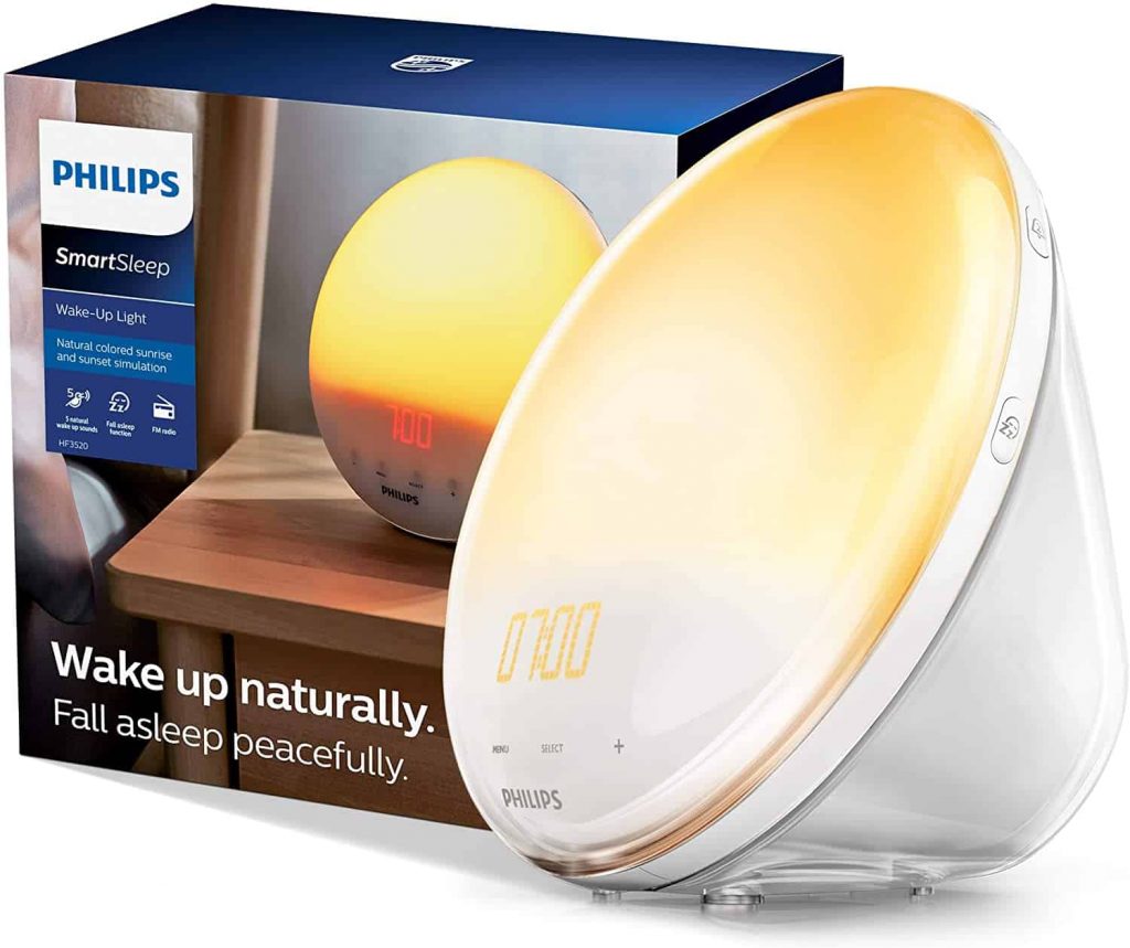 Philips SmartSleep Wake-up Light, Colored Sunrise and Sunset Simulation, 5 Natural Sounds, FM Radio & Reading Lamp, Tap Snooze, HF3520:60