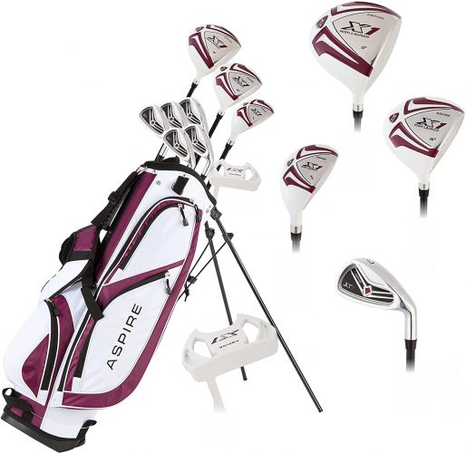Aspire X1 Ladies Women’s Complete Golf Club Set Includes Driver, Fairway, Hybrid, 6-PW Irons, Putter, Stand Bag, 3 H/C's Purple, Regular or Petite Size, Women’s Golf Club Set