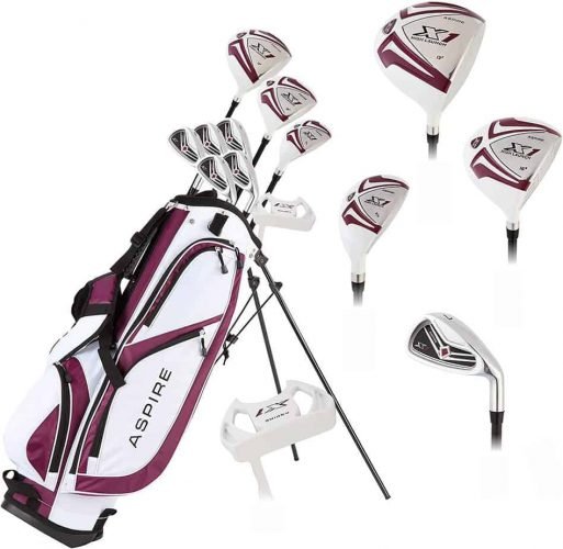 Aspire X1 Ladies Women’s Complete Golf Club Set Includes Driver, Fairway, Hybrid, 6-PW Irons, Putter, Stand Bag, 3 H:C’s Purple, Regular or Petite Size, Women’s Golf Club Set Aspire X1 Ladies Women’s Complete Golf Club Set Includes Driver, Fairway, Hybrid, 6-PW Irons, Putter, Stand Bag, 3 H/C's Purple, Regular or Petite Size, Women’s Golf Club Set