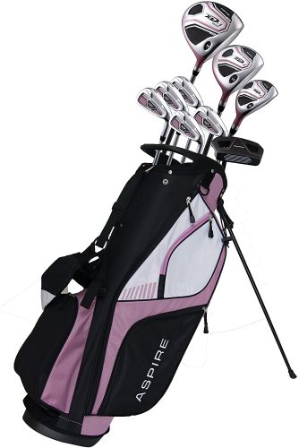 Aspire XD1 Ladies Womens Complete Right Handed Golf Clubs Set Includes Titanium Driver, S.S. Fairway, S.S. Hybrid, S.S. 6-PW Irons, Putter, Stand Bag, 3 H:C's Pink