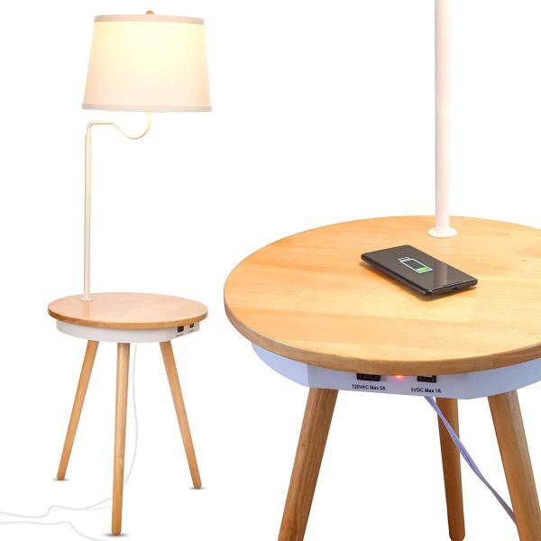 Brightech Owen - End Table with Lamp for Living Rooms, Wireless Charging Station & USB Ports Built in - Wood Nightstand : Side Table & LED Reading Light Attached for Bedrooms - Mid Century Modern