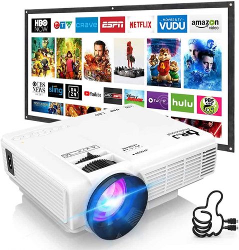DR. J Professional HI-04 Mini Projector Outdoor Movie Projector with 100Inch Projector Screen, 1080P Supported Compatible with TV Stick, Video Games, HDMI,USB,TF,VGA,AUX,AV [Latest Upgrade]