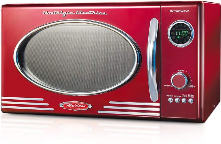 Nostalgia RMO4RR Retro Large Red Microwave 0.9 cu ft, 800-Watt Countertop Microwave Oven, 12 Pre-Programmed Cooking Settings, Digital Clock, Easy Clean Interior, Metallic Red