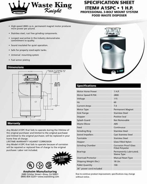 Waste King Knight A1SPC best Garbage Disposal with Power Cord, 1 HP with Exclusive Silencer Technology Waste King Knight A1SPC best Garbage Disposal with Power Cord, 1 HP with Exclusive Silencer Technology